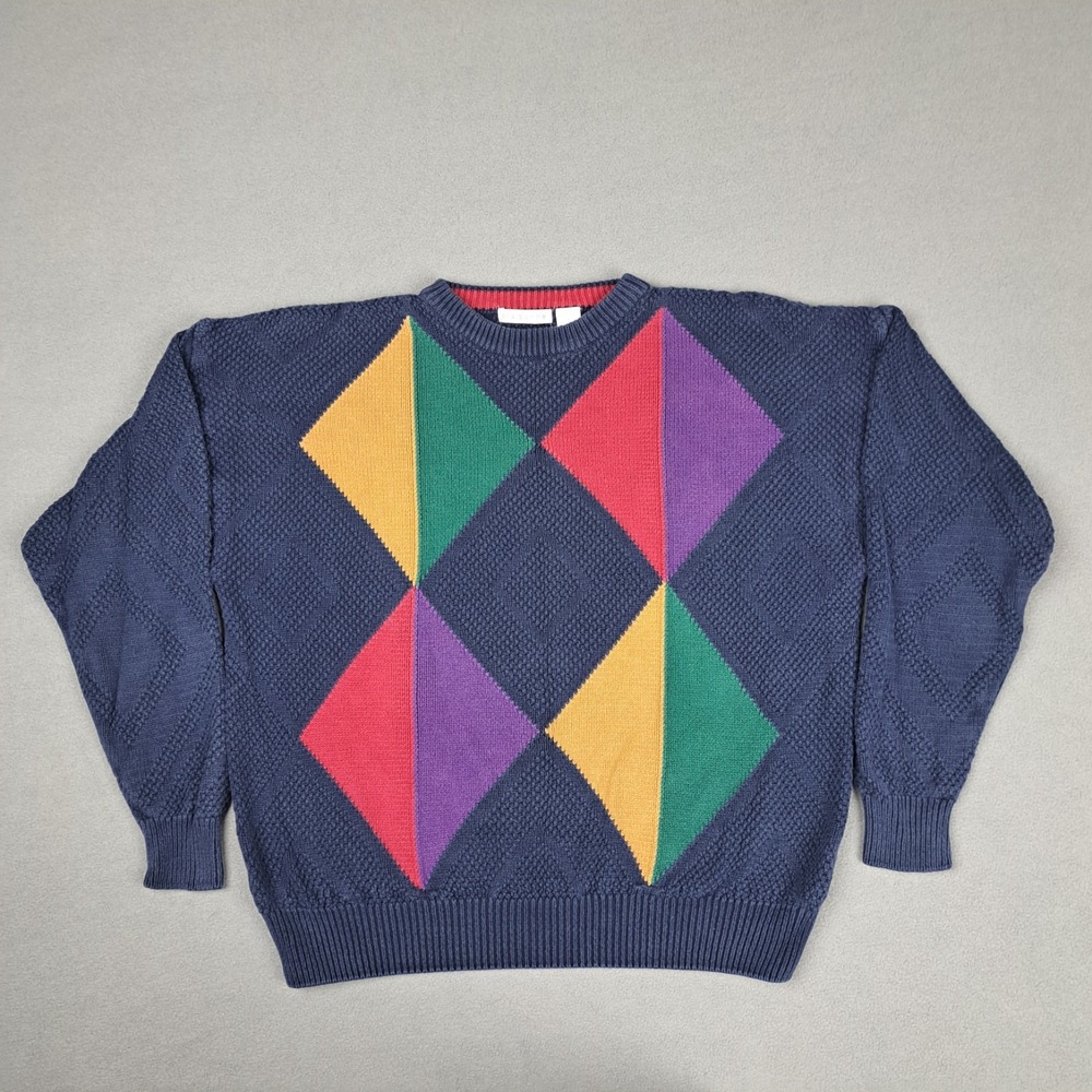 Vintage Claiborne Crewneck Sweater Mens Large Navy Colorblock‎ Heavy Knit Cotton